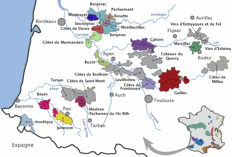 Carte vignoble du sud ouest